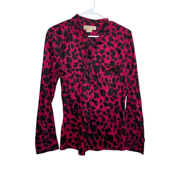 Michael Kors Blouse Women's 10 Pink Printed Button Up Preppy Long Sleeve Top - Picture 1 of 9